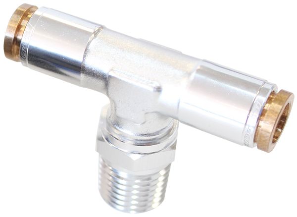120 Series 1/4" NPT to 1/4" Push to Connect Tee Fitting  Silver Finish. Suits 120 Series Nylon Hose