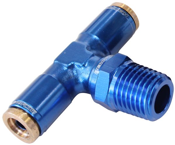 120 Series 1/4" NPT to 1/4" Push to Connect Tee Fitting  Blue Finish. Suits 120 Series Nylon Hose