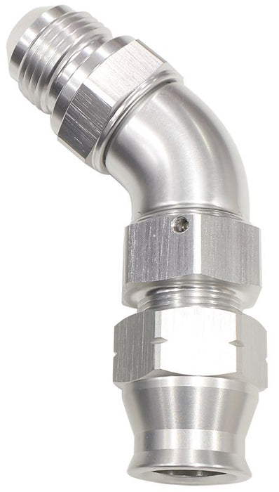 45° Tube to Male AN Adapter 1/4" to -4AN  Silver Finish. Suits Aeroflow, Moroso & Russell Tubing