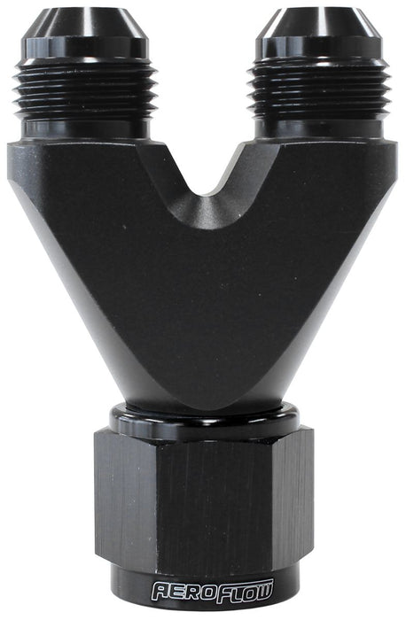 Billet U-Block with Female Flare  Black Finish. 1 x -8AN Female, 2 x -6AN Male