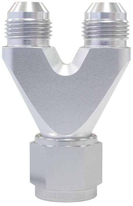 Billet U-Block with Female Flare  Silver Finish. 1 x -8AN Female, 2 x -6AN Male