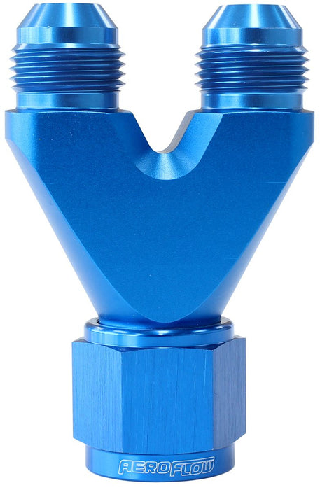 Billet U-Block with Female Flare  Blue Finish. 1 x -10AN Female, 2 x -8AN Male