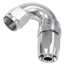 150 Series Taper One-Piece Full Flow Swivel 150° Hose End -6AN  Silver Finish. Suit 100 & 450 Series Hose