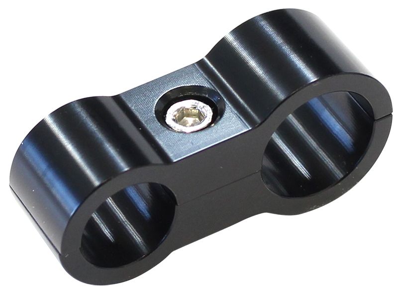 Stepped Billet Aluminium Dual Hose Separators  7/16" (11.1mm) I.D. & 9/16" (14.2mm) I.D., Suit -6AN & -8AN PTFE hose, Black finish