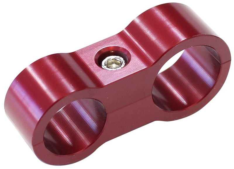 Stepped Billet Aluminium Dual Hose Separators  7/16" (11.1mm) I.D. & 5/8" (15.9mm) I.D., Suit -6AN & -10AN PTFE hose, Red finish