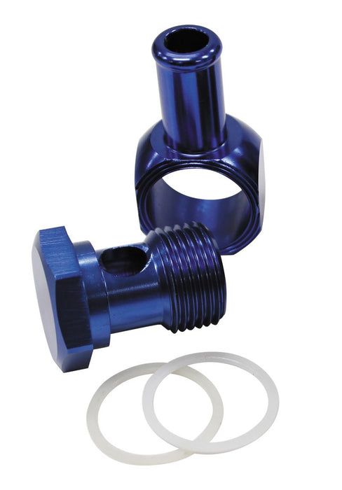 Alloy AN Banjo with Bolt 5/8" to 3/8 Barb Blue Finish. Suits Edelbrock Carburettors