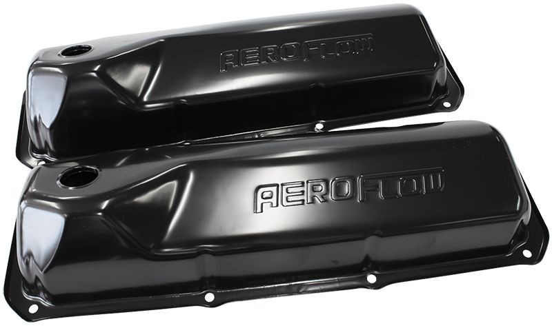 Black Steel Valve Covers Suit Ford 302-351 Cleveland With Aeroflow Logo