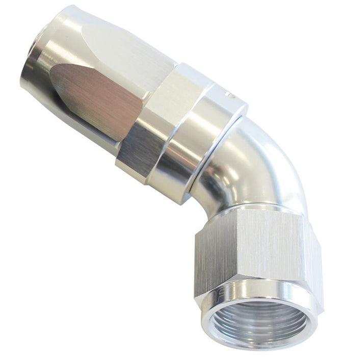 150 Series Taper One-Piece Full Flow Swivel 60° Hose End -6AN  Silver Finish. Suit 100 & 450 Series Hose