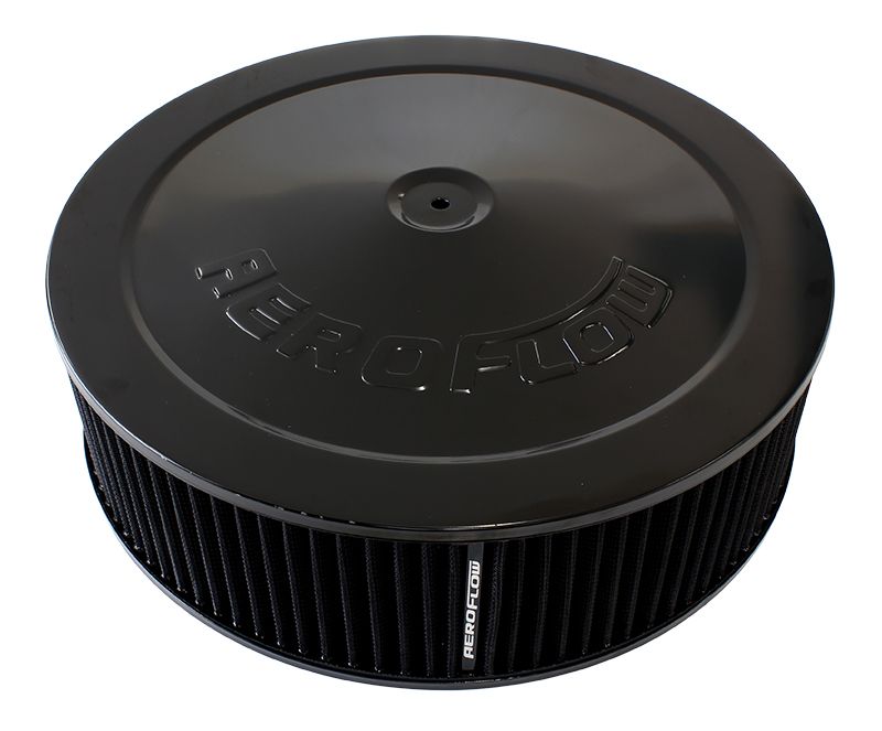 Black Air Filter Assembly  14" x 4", 7-5/16" neck,Flat Base with black washable cotton element