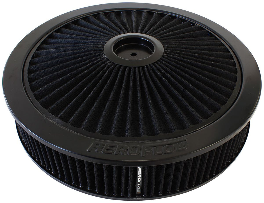 Black Full Flow Air Filter Assembly  14" x 3", 7-5/16" neck,Flat Base with black washable cotton element