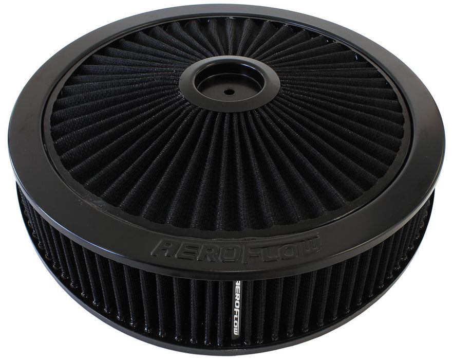 Black Full Flow 14" x 4" Air Filter Assembly  7-5/16" neck, Flat Base with black washable cotton element