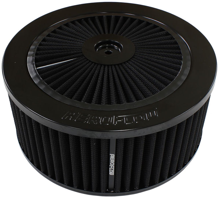 Black Full Flow Air Filter Assembly  9" x 4", 7-5/16" neck,Flat Base with black washable cotton element