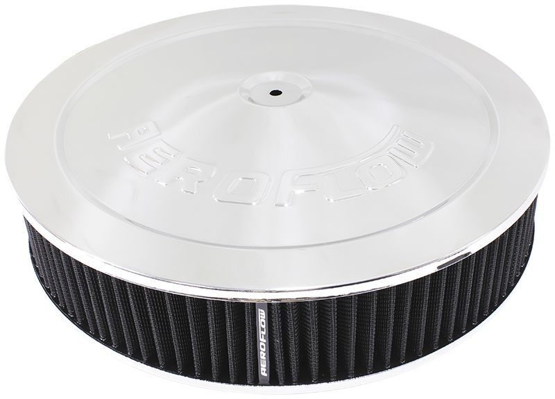 Chrome Air Filter Assembly  14" x 3", 5-1/8" neck, 1-1/8" Drop base , black washable cotton element