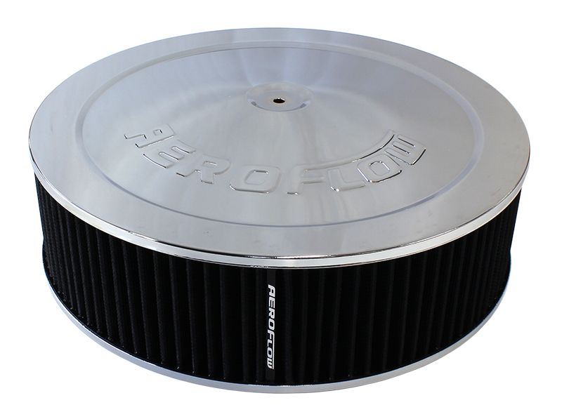 Chrome Air Filter Assembly  14" x 4", 5-1/8" neck, 1-1/8" Drop base , black washable cotton element