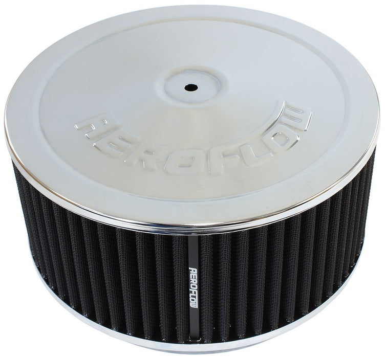 Chrome Air Filter Assembly  9" x 4", 7-5/16" neck,Flat Base with black washable cotton element