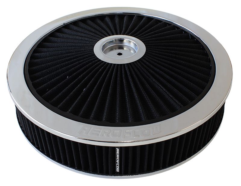 Chrome Full Flow Air Filter Assembly with 1-1/8" Drop base  14" x 3", 5-1/8" neck, black washable cotton element