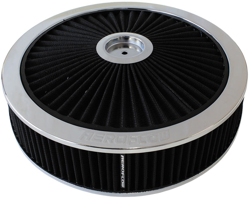 Chrome Full Flow Air Filter Assembly  14" x 3", 7-5/16" neck,Flat Base with black washable cotton element