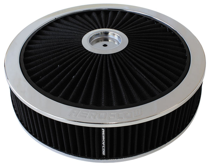 14" x 4", 7-5/16" neck Chrome Full Flow Air Filter Assembly  Flat Base with black washable cotton element