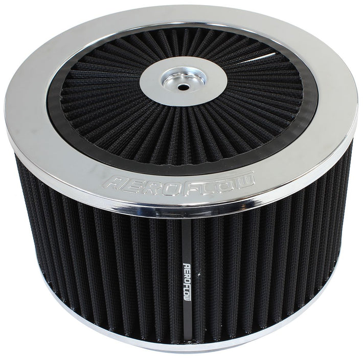 Chrome Full Flow Air Filter Assembly  9" x 4", 7-5/16" neck,Flat Base with black washable cotton element