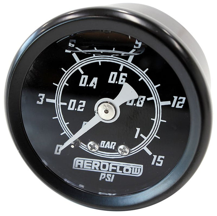 1-1/2" Liquid Filled 15 psi Pressure Gauge  Black Face, White Pointer, 1/8" NPT Male Thread