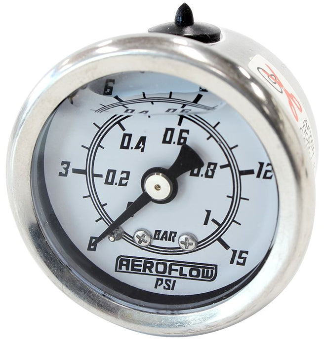 1-1/2" Liquid Filled 15 psi Pressure Gauge  White Face, Black Pointer, 1/8" NPT Male Thread