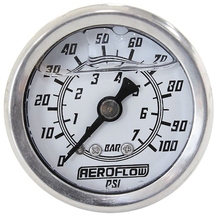 1-1/2" Liquid Filled 100 psi Pressure Gauge  White Face, Black Pointer, 1/8" NPT Male Thread