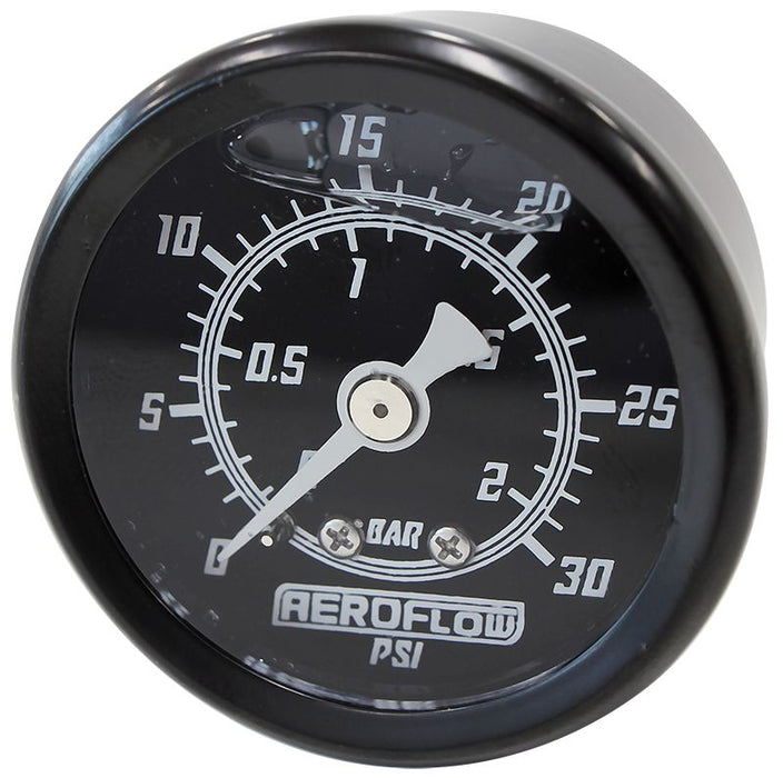 1-1/2" Liquid Filled 30 psi Pressure Gauge  Black Face, White Pointer, 1/8" NPT Male Thread
