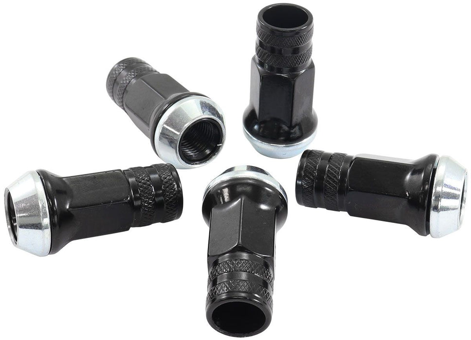 Acorn Long Open Black Wheel Nuts - M12 x 1.25mm  Pack of 5, 60 Degree Taper