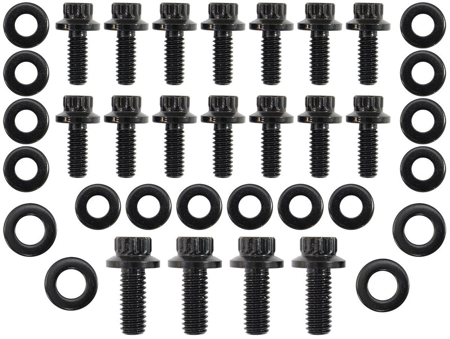 Small Block Chev with 1 Piece Gasket Oil Pan Bolt Kit - Black Finish  12 Point Head and 8740 Grade Material