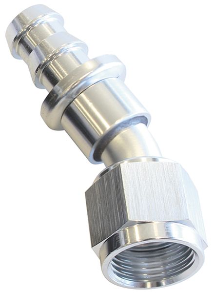 400 Series Push Lock 30° Hose End -8AN Silver Finish. Suits 400 & 500 Series Hose