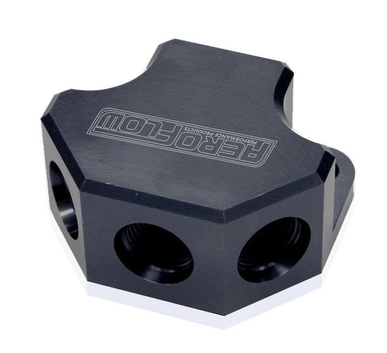 Billet 4 Port ORB Y-Block Black Finish. 3 x -8 ORB Ports, 1 x -10 ORB Port