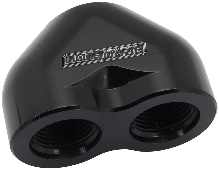 Aeroflow Billet 3 Port ORB U-Block Black Finish. 2 x -12 ORB Ports, 1 x-16 ORB Port