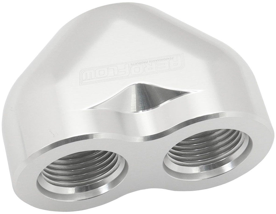 Aeroflow Billet 3 Port ORB U-Block Silver Finish. 2 x -12 ORB Ports, 1 x-16 ORB Port