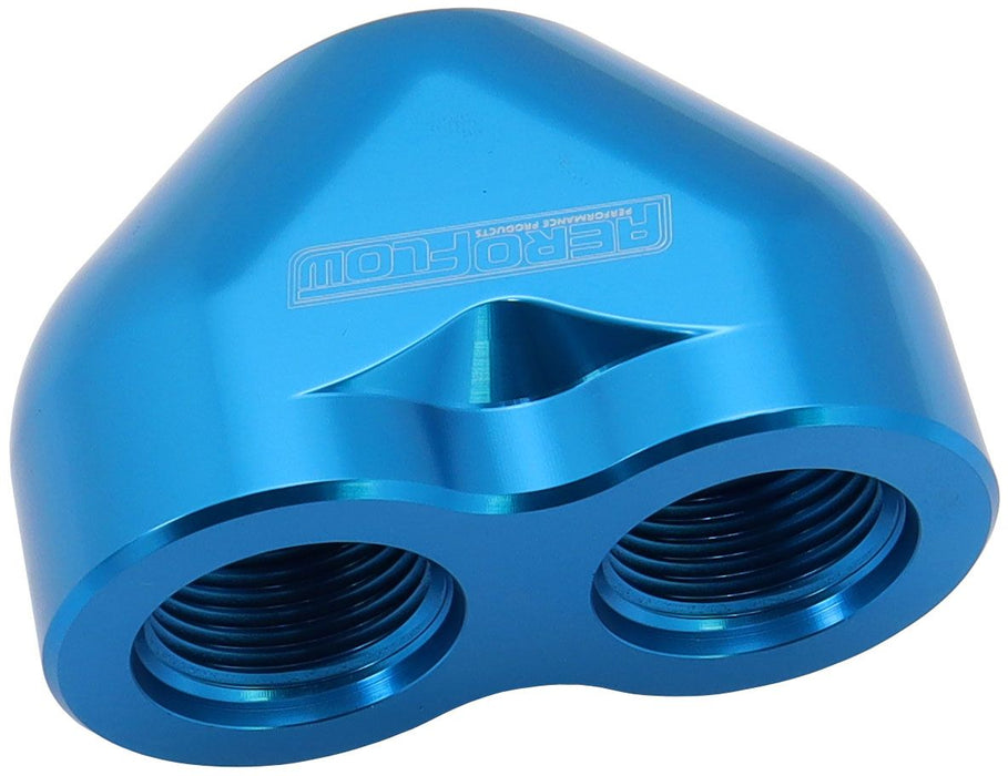 Aeroflow Billet 3 Port ORB U-Block Blue Finish. 2 x -12 ORB Ports, 1 x-16 ORB Port