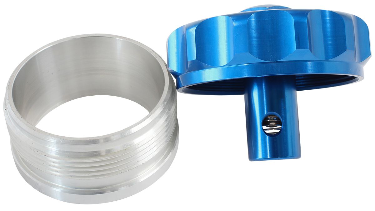 Billet Aluminium Weld-On Filler Neck & Cap - Blue 2" I.D Weld-On With Rollover Valve Cap