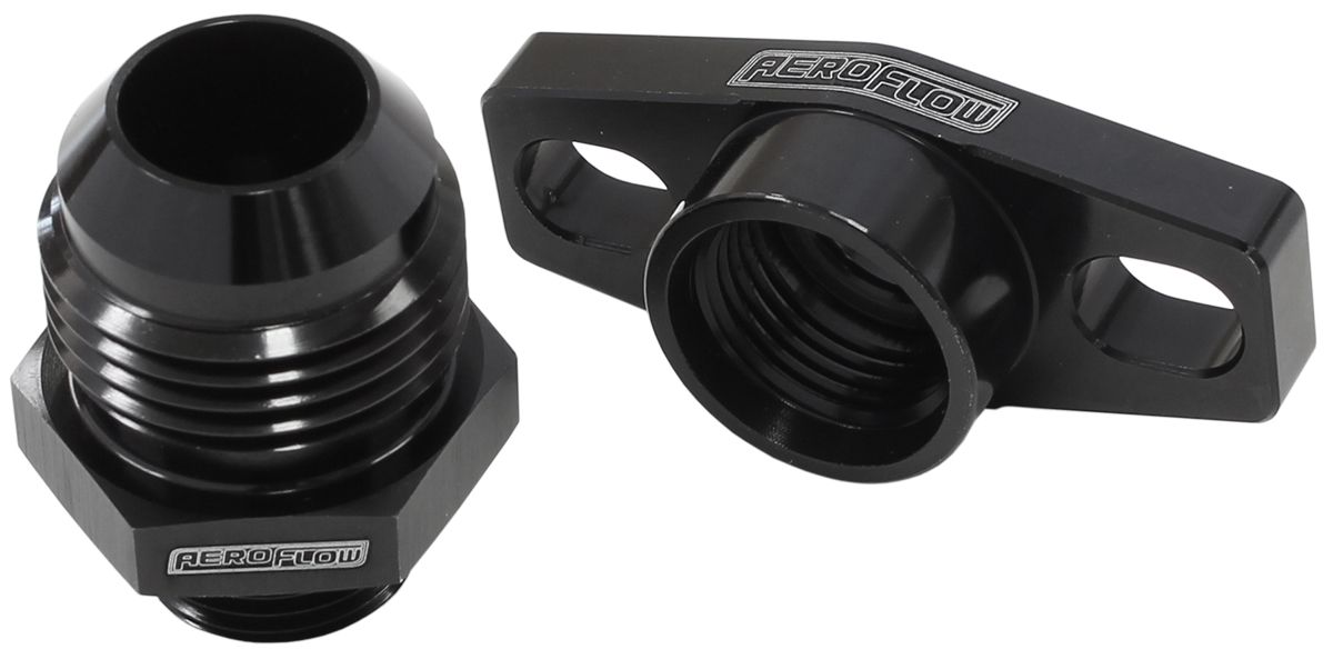 Turbo Drain Adapter With -12AN Fitting, 38-44mm Hole Centres. Black Finish.