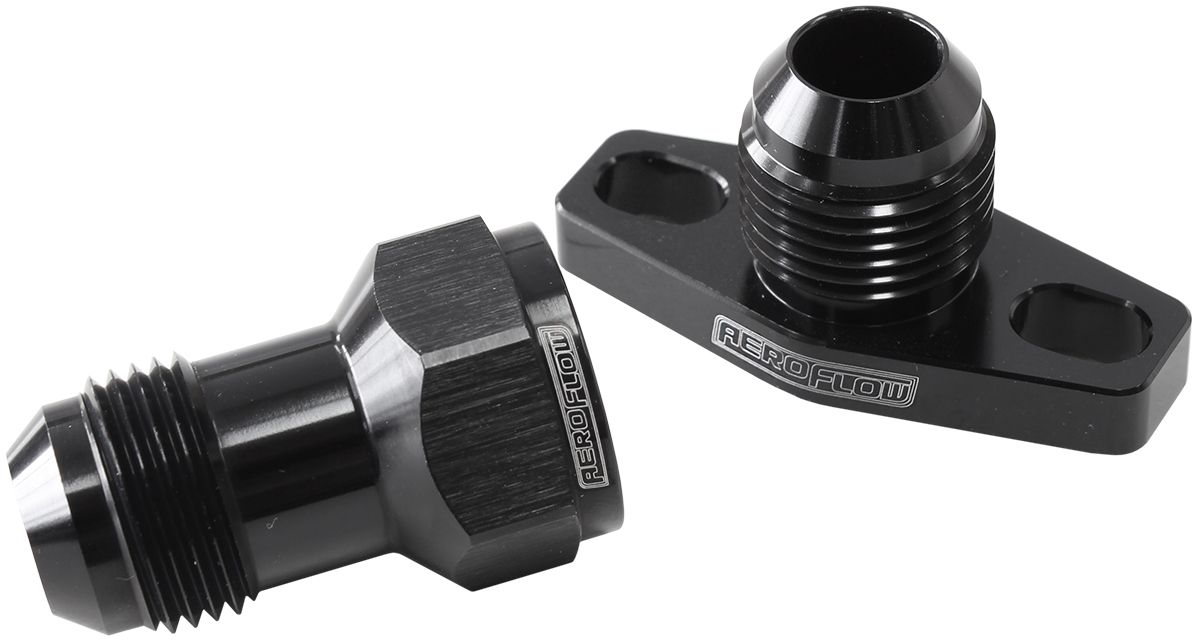 Turbo Drain Adapter With -10AN Fitting, 38-44mm Hole Centres. Black Finish.