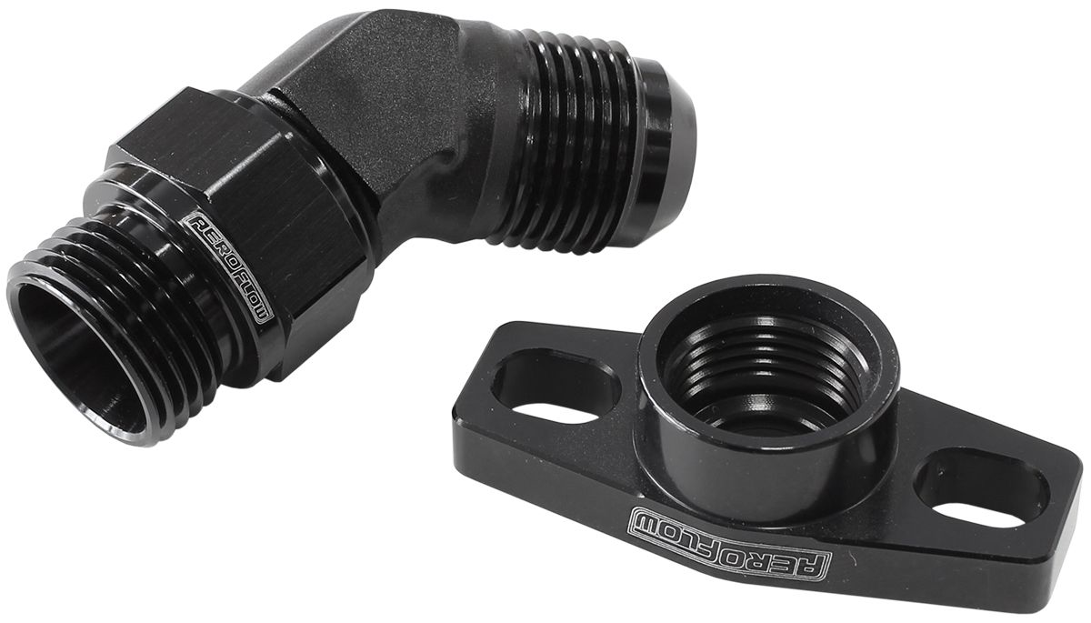 45° Turbo Drain Adapter With -10AN Fitting, 38-44mm Hole Centres. Black Finish.