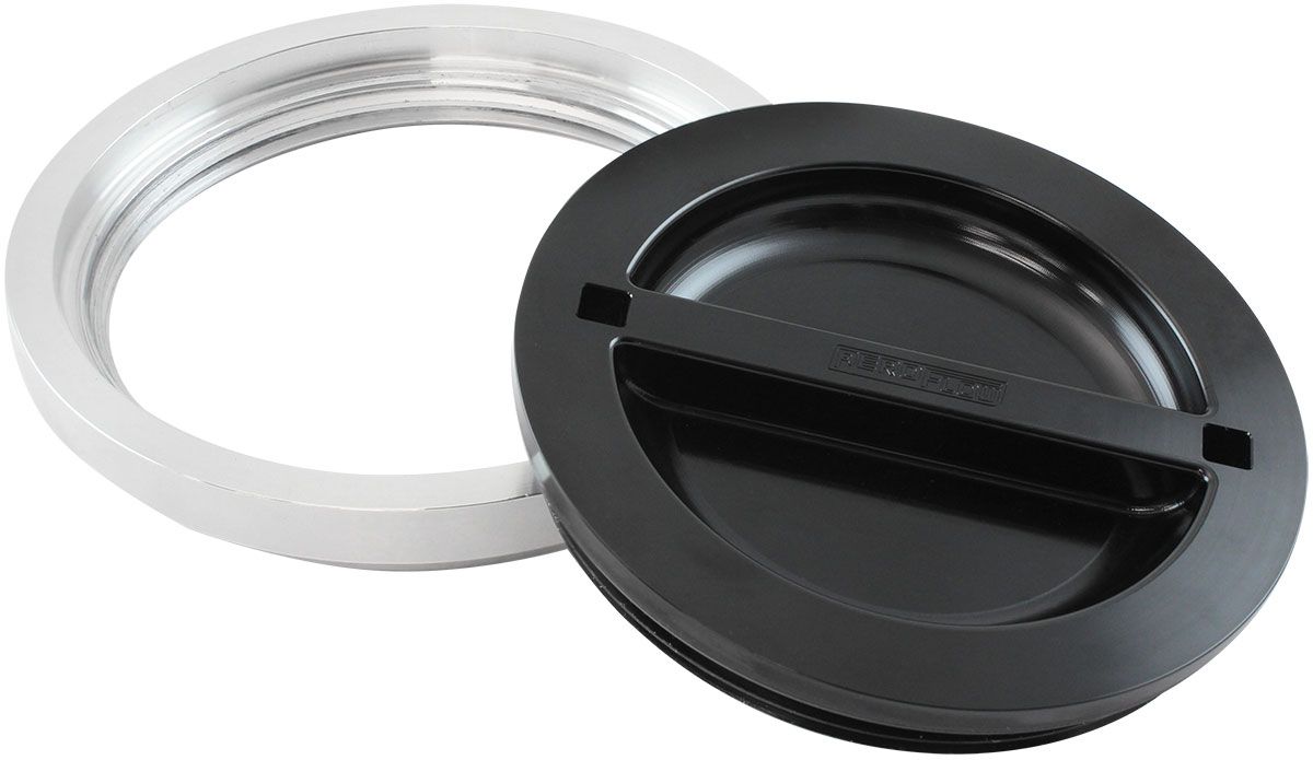 Flush Mount 6" Billet Aluminium Filler Black Cap & Bung for Ice Box   6" Female Alloy weld-on Bung