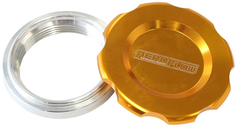 Low Profile Billet Aluminium Filler Cap & Bung  1-1/2" Female weld-on bung, includes Buna N & EPR O-rings. Gold Cap