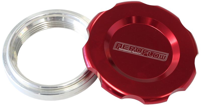 Low Profile Billet Aluminium Filler Cap & Bung  1-1/2" Female weld-on bung, includes Buna N & EPR O-rings. Red Cap