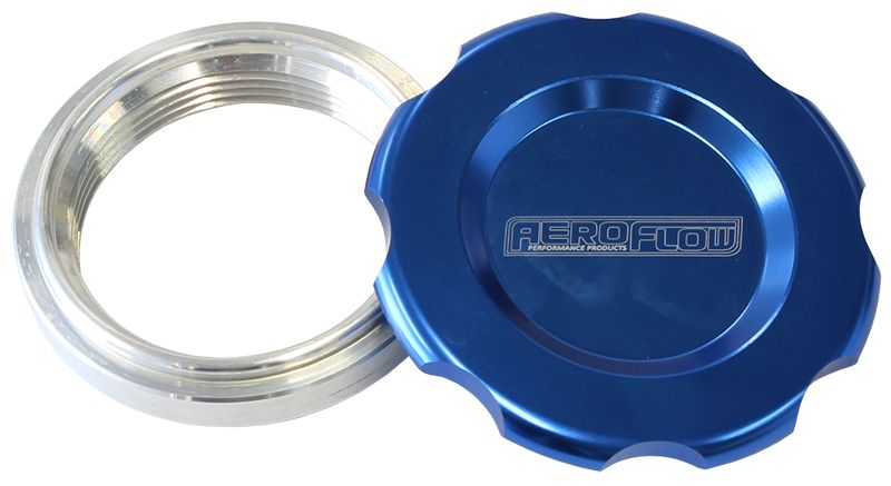 Low Profile Billet Aluminium Filler Cap & Bung  2-1/2" Female weld-on bung, includes Buna N & EPR O-rings. Blue Cap