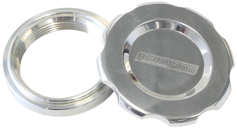 Low Profile Billet Aluminium Filler Cap & Bung  2-1/2" Female weld-on bung, includes Buna N & EPR O-rings. Polished Cap