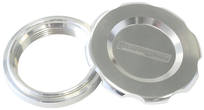 Low Profile Billet Aluminium Filler Cap & Bung  2-1/2" Female weld-on bung, includes Buna N & EPR O-rings. Silver Cap