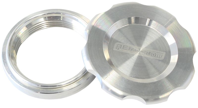Low Profile Billet Aluminium Filler Cap & Bung  2-1/2" Female weld-on bung, includes Buna N & EPR O-rings. Raw Cap