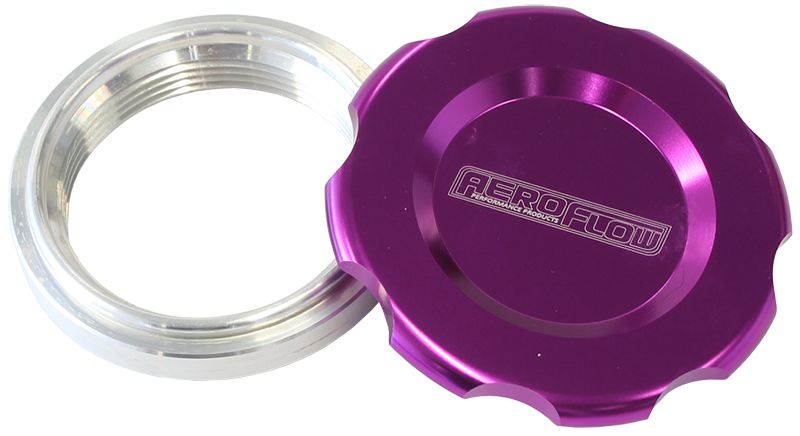 Low Profile Billet Aluminium Filler Cap & Bung 3" Female weld-on bung, includes Buna N & EPR O-rings. Purple Cap