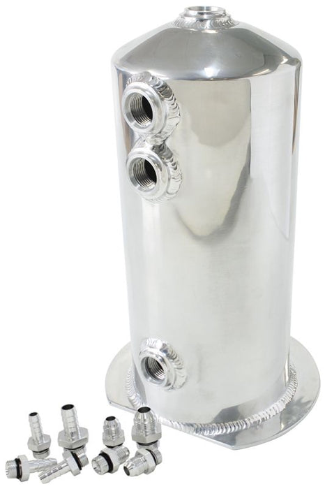 2.5 Litre Spun Alloy Surge Tank  Supplied with 3 x 3/8", 1 x 1/2" Barb fittings and 3 x -6AN, 1 x -8AN male adapters, Polished Finish