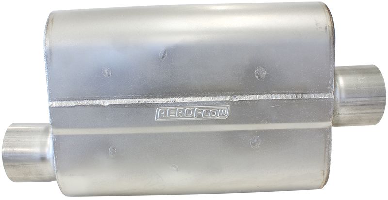 Aeroflow 5000 Series Mufflers - Offset Inlet/Center Outlet  3" Inlet, 3" Outlet, 16 gauge Aluminised Steel, Chambered