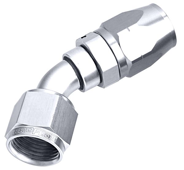 500 Series Cutter Swivel 45° Hose End -10AN  Silver Finish. Suits 100 & 450 Series Hose