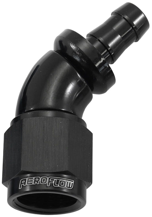 510 Series Full Flow Tight Radius Push Lock 45° Hose End -6AN To 5/16" (8mm) Barb Black Finish. Suits 400 & 500 Series Hose